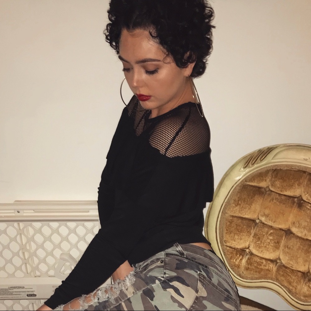Black crop top- mesh shoulders.